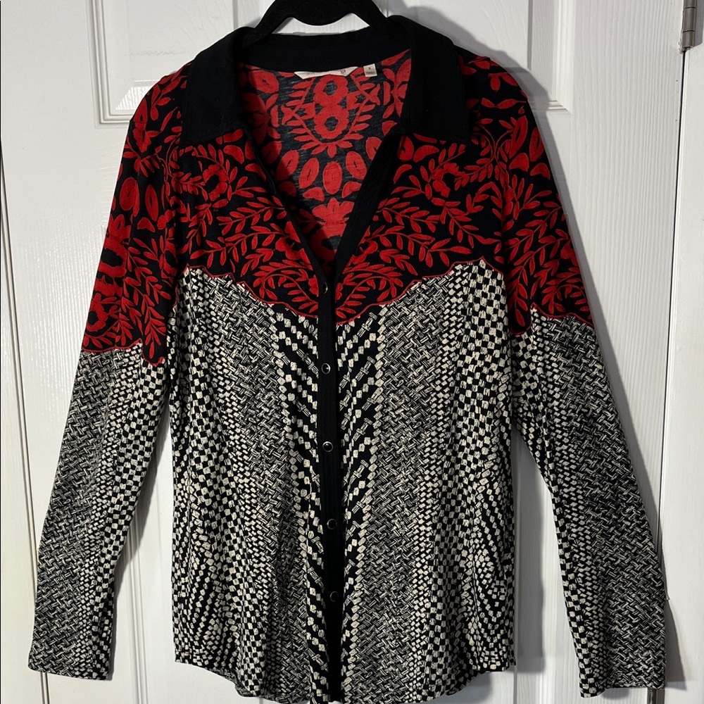 Soft Surroundings Calistoga mixed print pearl snap blouse point collar blk red S